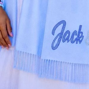 Women's Light Blue Open Front Wrap <b>Cardigan</b> with Fringe Trim and Jack & Jill Embroidery, Long Sleeve Soft Layering Shawl - Product Image 5