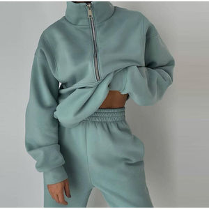 Conjunto Deportivo Casual para Mujer, Sudadera con Cierre de Media Cremallera y Pantalones de Color Sólido, Corte Holgado, Manga Larga, Transpirable, para Otoño - Product Image 1