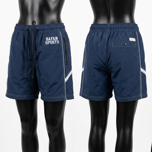 Shorts coupe-vent pour femme Premium 155 GSM, tissu polyester doux, bleu marine, panneau latéral rayé, logo personnalisé. - Product Image 5
