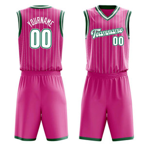 Conjunto de Baloncesto Rosa al por Mayor con Ribete Verde, Transpirable, Sublimado, de Poliéster Suave, Sin Mangas, Tejido que Absorbe la Humedad, Personalizado para Deportes - Product Image 1