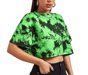 Wholesale Custom Made design Green <b>Tie</b> <b>Dye</b> Crop <b>Top</b> Cap Sleeve Crew Neck Loose Fit Knitted Casual T-Shirt Spring Summer Style - Product Image 1