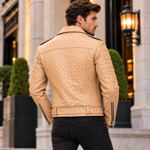 <b>Men</b>’s <b>Genuine</b> Ostrich <b>Leather</b> Biker <b>Jacket</b> Embossed Motorcycle <b>Jacket</b> /Asymmetrical Zip Belted Moto <b>Jacket</b> for <b>Men</b> - Product Image 2