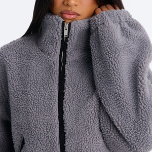 Top Quality <b>Women's</b> Gray <b>Teddy</b> Fleece Crop Jacket Full Sleeve Stand Collar Zipper Winter Short Thick Solid Sherpa Jacket - Product Image 3