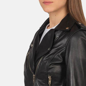 Chaqueta de Motociclista de Cuero Genuino Negro para Mujer, Corte Ajustado, Cierre de Cremallera, Cuello Clásico con Solapa, Bolsillos, Ropa Exterior para Motocicleta - Product Image 6