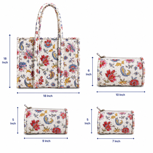 Ensemble de sacs fourre-tout en coton matelassés floraux écologiques réutilisables et pliables avec fermeture ouverte 18x18 pouces et pochettes assorties pour usage quotidien - Product Image 1