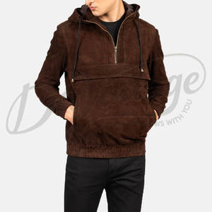 Veste Anorak à Capuche Homme en Daim Marron Chocolat, Coupe Slim, Décontractée, Demi-Zip, en Daim Véritable Doux, Tendance - Product Image 1