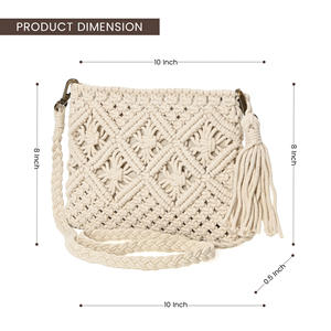 Sac bandoulière en macramé de coton fait main style bohème avec pompon, pochette d'épaule tissée vintage pour femme - Product Image 6