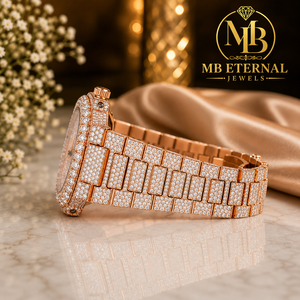 Montre de luxe MB ETERNAL avec diamants, boîtier carré en or rose 41 mm, mouvement à quartz analogique ETA, résistance à l'eau 10 bars, verre saphir - Product Image 4