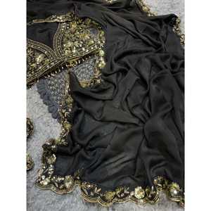 Sari Negro con Bordado de Lentejuelas y Encaje, Diseño Exquisito, Ropa India y Pakistaní - Product Image 6