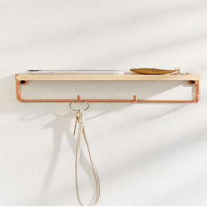Minimalist Wood <b>Wall</b> <b>Shelf</b> with Copper Hooks Single Tier 33x15x85cm Hanging Storage Rack for Bathroom Organization - Product Image 1