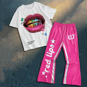 Saleh Enterprises Unisex Plus Size Oversized Cotton 220g Fiery Red Lips Printed <b>T</b>-Shirt Pink <b>Track</b> Pants Set Women Street Style - Product Image 1