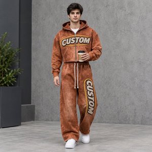 Premium Custom Men's Heavyweight <b>Hoodie</b> Jogger Set 480GSM Acid Wash Chenille Rhinestone Streetwear Clothing Manufacturer - Product Image 1