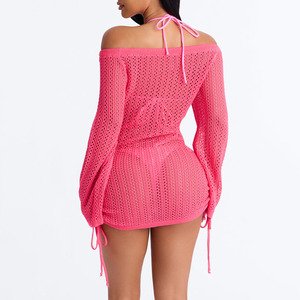 Nuevo Vestido Mini Sexy de Punto con Hombros Descubiertos para Verano, Ropa Casual Ajustada, Vestido Mini de Punto con Mangas Farol para Mujer - Product Image 2