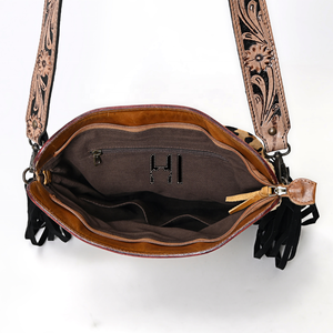 Bolso cruzado de piel de vaca curtida vegetal de estilo nacional para mujer, flecos de ante de vaca anhelados a mano con cierre de cremallera - Product Image 4