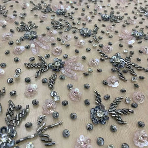 Tela de Malla con Cuentas Hecha a Mano, Bordado Floral en Color Champán Dorado, Encaje para Vestidos de Novia de Lujo y Alta Costura - Product Image 1