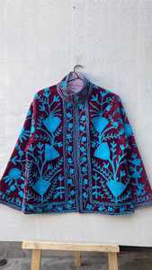 Velvet Mandarin Collar Eco-Friendly Woven Loose Fit Casual Dress Blue Floral Embroidery Vintage Suzani Handmade - Product Image 5