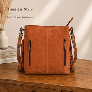 Bolso bandolera de cuero genuino de gamuza occidental con flecos de cuero floral grabados a mano, correa ajustable, elegante bolso de moda para mujer. - Product Image 3