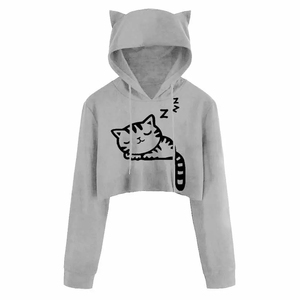 Sweat-shirt à capuche court personnalisé avec broderie, oreilles de chat et imprimé chat endormi, rouge, décontracté, unisexe, pour l'automne, sweat-shirts pour femmes - Product Image 4