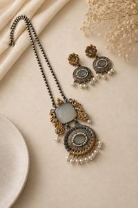 Beautiful Designer Antique Oxidized Pendant Necklace <b>Set</b> with Matching Earrings | <b>Pearl</b> Detailing | Ethnic Statement Jewellery - Product Image 3