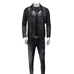 Mens Slim Fit Contrast Stitch Leather Trucker <b>Jacket</b> Black PU <b>Biker</b> <b>Jacket</b> White Stitch Streetwear Moto Coat - Product Image 3