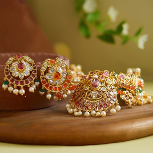 Antique Gold Plated Coral Bridal Necklace and Earring Set with Intricate Kemp Stone Embellishments - Product Image 3