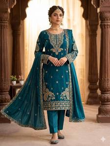 Salwar Kameez en soie rouge élégant avec broderie dorée, col rond, manches longues, tenue de mariage pour femmes, style Inde Pakistan - Product Image 2