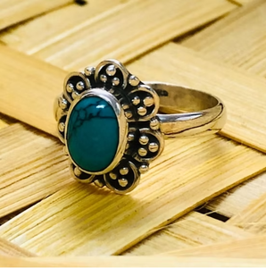 Turquoise Oval Cabochon Solid 925 Sterling <b>Silver</b> <b>Ring</b> Floral Pattern Antique <b>Boho</b> Statement Jewelry Anniversary Gift - Product Image 2