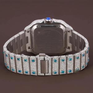 Montre de luxe carrée en quartz glacé pour homme, cadran bleu diamant, cristal saphir, 41 mm, date luminescente, bracelet en acier inoxydable, 3 ATM - Product Image 4