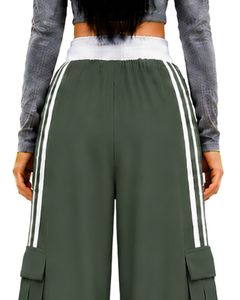 Pantalon de survêtement cargo vert olive à jambes larges pour femme, taille haute, avec cordon de serrage, poches latérales, style décontracté streetwear ample - Product Image 6