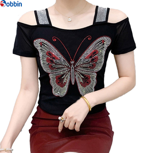 T-shirt noir à épaules dénudées pour femme, orné de paillettes et de strass, motif papillon, manches courtes, coupe ajustée, pour le printemps et l'été, tenue décontractée ou de club - Product Image 2