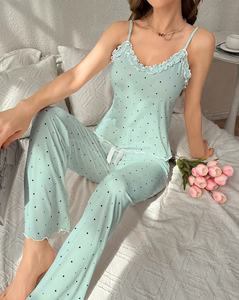 Women Casual Polka Dot Ruffled Spaghetti Strap Pajama Set Knitted Soft Sleepwear Full Length Drawstring Pants Spring Cozy - Product Image 4