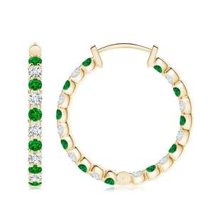 Boucles d'oreilles créoles inversées en or jaune 14 carats avec émeraude et diamant, taille ronde, bijoux fins, fabricant ODM, cadeau pour femme - Product Image 2