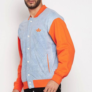 SPARKWELL INDUSTRY Men's Light Blue Orange Color Block Eco-friendly Stand Collar Varsity Jacket <b>Button</b> Closure Regular Fit - Product Image 4