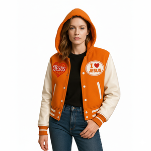 เสื้อแจ็คเก็ตฮู้ดดี้สีส้มสำหรับผู้หญิง ติดกระดุมแป๊กด้านหน้า ปักลายปักแบบกำหนดเอง เสื้อคลุมลำลองสไตล์สตรีทแวร์ - Product Image 5