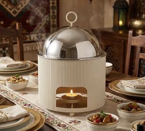 Chauffe-plats de luxe en aluminium et acier inoxydable, type pilier côtelé, avec support à bougie, pour buffet - Product Image 1