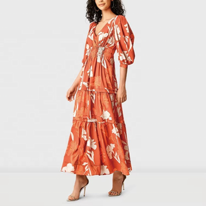 Vestidos Maxi Elegantes al por Mayor con Diseño Personalizado, Bolsillos Laterales, Manga Corta, Cuello en V y Cintura Fruncida - Product Image 2