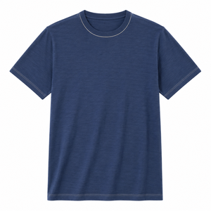 Camiseta Personalizada de Cuello Redondo en Algodón Azul Marino con Ribete en Contraste y Doble Costura, Manga Corta, Ropa Casual para Hombre, Venta al Por Mayor - Product Image 1