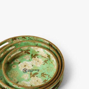 ชุดถาดเสิร์ฟตกแต่ง MDF 3 ชิ้น เคลือบเงาอย่างดี ลายพิมพ์ดอกไม้และนก ถาดไม้หรูหราสำหรับวางบนออตโตมัน - Product Image 2