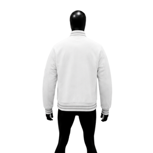 Chaqueta universitaria premium de lana blanca para hombre, chaqueta de béisbol personalizada con letras, cuello, puños y dobladillo acanalados con rayas grises, estilo clásico. - Product Image 2