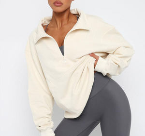 เสื้อสเวตเชิ้ตโอเวอร์ไซส์ผ้าฝ้ายฟลีซแบบซิปครึ่งตัวสำหรับผู้หญิง สไตล์ลำลองสำหรับฤดูหนาว เสื้อสเวตเชิ้ตคอปกแบบไหล่ตกสำหรับผู้หญิง - Product Image 5