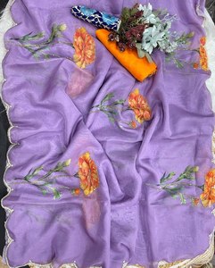 ส่าหรีผ้าไหมลายดอกไม้สุดหรูพร้อมขอบผ้าไหมเนื้อนุ่มลายมุกดีไซน์เนอร์ - Product Image 1