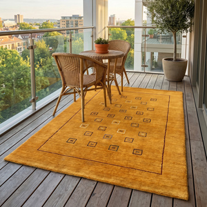 Tapis d'appoint moderne en laine noué à la main, couleur moutarde dorée, motif géométrique carré minimaliste, tapis décoratif - Product Image 6