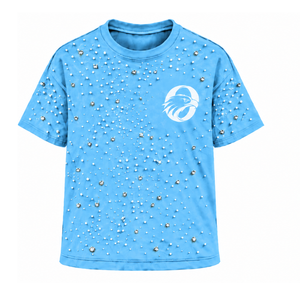 Unisex <b>Sky</b> <b>Blue</b> Pearl Studded T Shirt Trendy Round Neck Short Sleeve Pearl Beaded Fashion <b>Top</b> for Everyday Wear and Party Outfit - Product Image 1