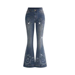 Pantalones Vaqueros Acampanados de Cintura Alta con Pedrería para Mujer, Diseño Brillante, Estilo Y2K Vintage, Pantalones de Mezclilla con Patrón de Campana, Venta al por Mayor - Product Image 1