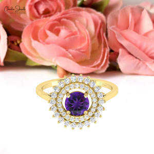 Custom 14k Fine <b>Gold</b> Double Halo <b>Ring</b> with 6mm Round Cut Amethyst & White Diamond Engagement <b>Cocktail</b> <b>Ring</b> from Chordia Jewels - Product Image 5