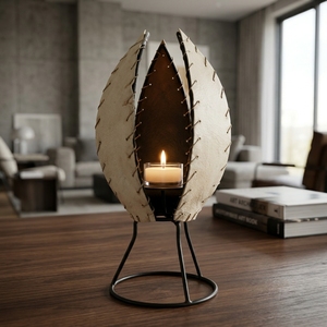 Handcrafted Indonesian Goat Leather Flower Bud Candle Holder Rustic Tabletop Lantern Home Living Ambient <b>Lighting</b> Accent - Product Image 6