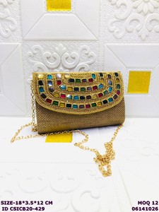 Handmade Satin <b>Clutch</b> Bag with Multicolor Pearl & Stone Embroidery | Women's Ethnic <b>Wedding</b> Evening Party Sling Purse with Chain - Product Image 4