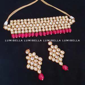 Rhodium Plated Gold Plated Alloy Oxidized Polish Casual Kundan Choker Necklace with Red Beads and Pearl Earring Set - Product Image 3