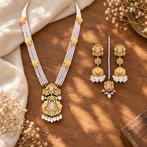<b>Gold</b> Plated Pink Rani Haar Necklace <b>Set</b> with Jhumka Earrings and Maang Tikka Pakistani Bridal Jewelry Wholesale Manufacturer - Product Image 6