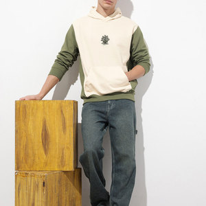 Men's Hooded Raglan Sleeve Sweatshirt Embroidered <b>Tree</b> Logo Cream Green Cotton French Terry Casual Autumn Wear Hooded - Product Image 5